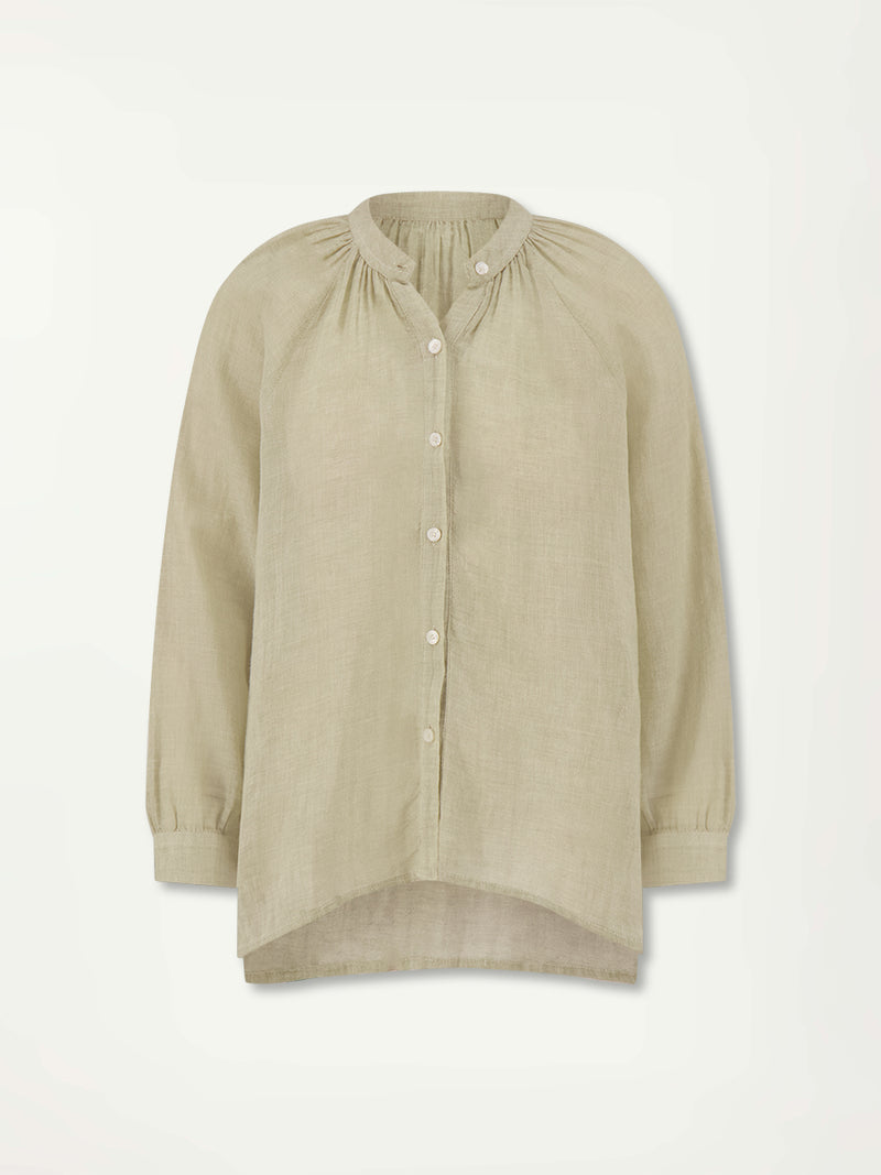 Product Front shot of  lemlem MITA Blouse featuring airy gauze fabric in a delicate earthy sage color