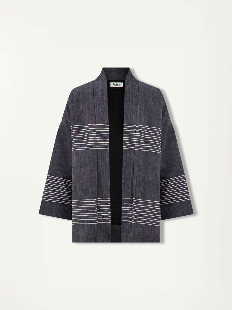 Product Front Shot of  lemlem TERARA Jacket  featuring chambray navy color accented with fine, textured white stripes