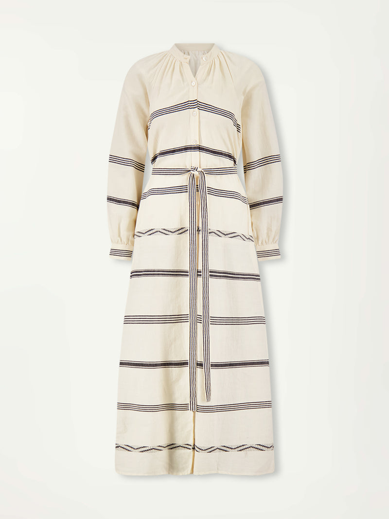 Product Front Shot of  lemlem MAKEDA Dress featuring  black intricate stripes and a Tibeb wave band on a soft vanilla ground