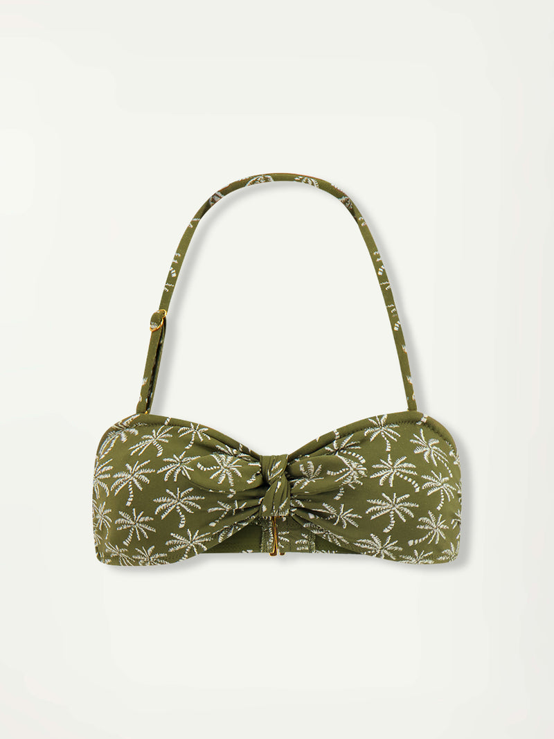 Product front shot of lemlem bandeau top  featuring  jacquard fabric adorned with custom-designed knitted palm trees