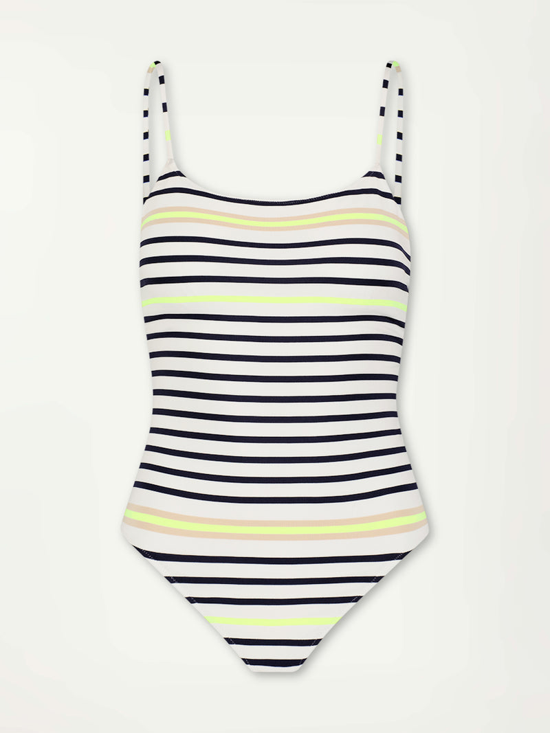 Product Front Shot of lemlem ELENE One Piece featuring an ivory ground with navy stripes, accented by khaki and citron hues

