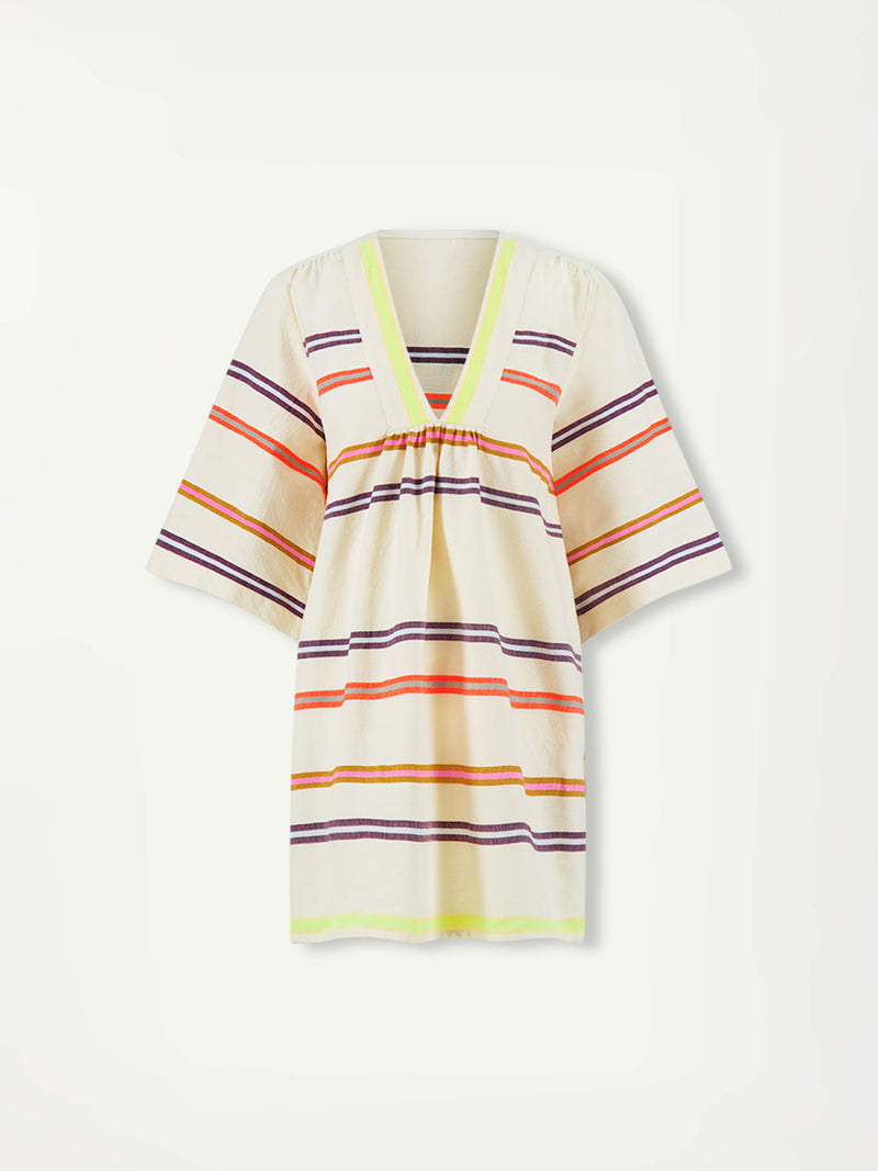 Product Front Shot of lemem BELKIS Caftan featuring pattern of multicolored stripes with playful pops of bright yellow citrus, plum, light blue, neon pink, ochre, and orange—set against a soft vanilla-toned ground.
