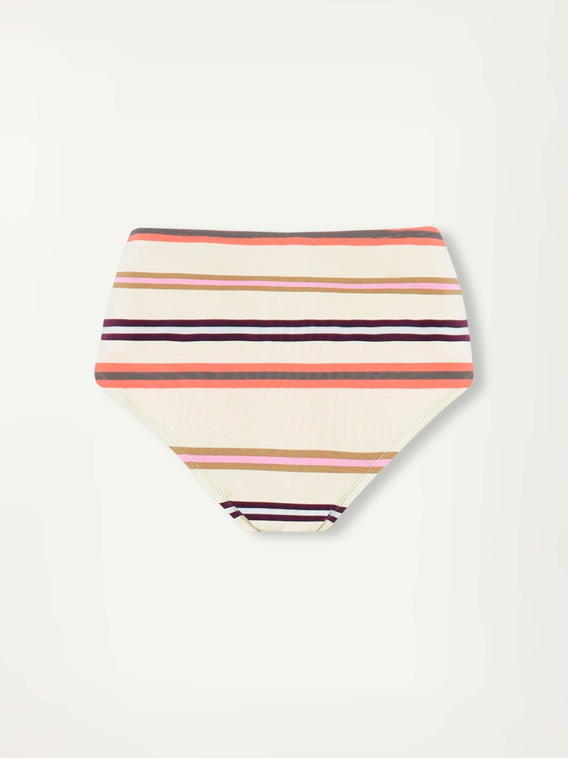 Product Front Shot of lemem ELSI Hight Waist Bottom featuring pattern of multicolored stripes with playful pops of bright yellow citrus, plum, light blue, neon pink, ochre, and orange—set against a soft vanilla-toned ground.